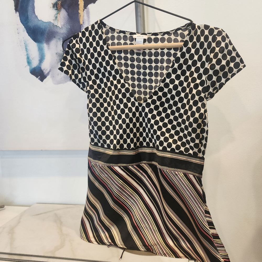 [Old Navy]Y2K cutest multi mix stripes & pok a dot silky feel blouse w/waist tie - Picture 8 of 8